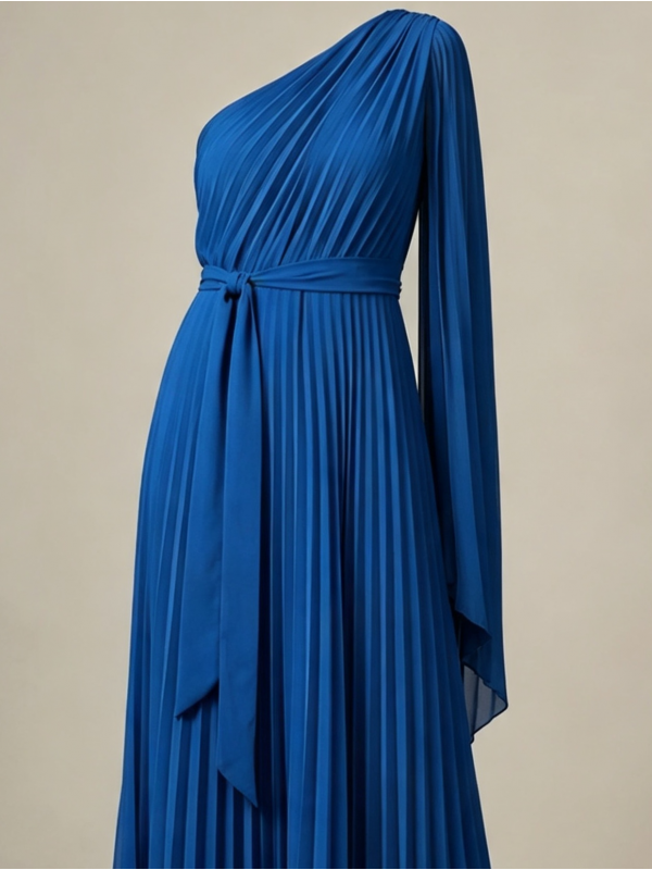 VESTIDO LONGO PLISSE  UM OMBRO  ESVOAÇANTE  0002.24