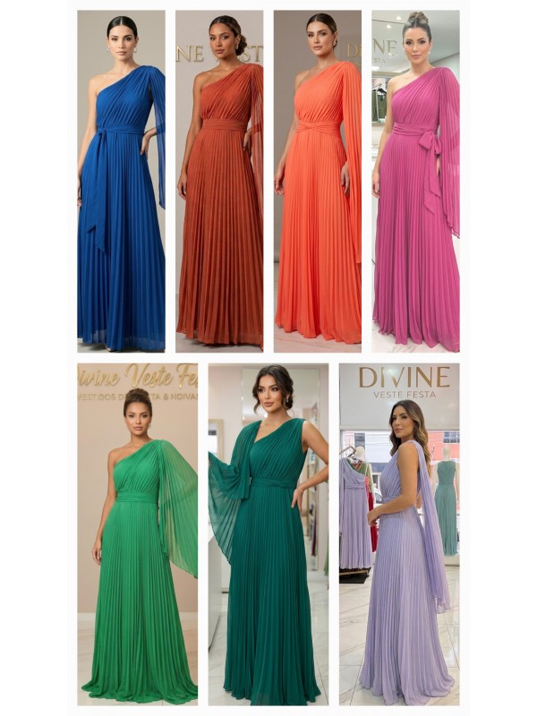 VESTIDO LONGO PLISSE  UM OMBRO  ESVOAÇANTE  0002.24