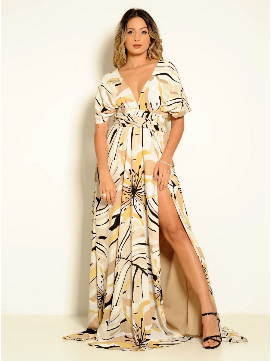 VESTIDO LONGO MULTIFORMA ESTAMPADO AMARELO  CÓDIGO 019