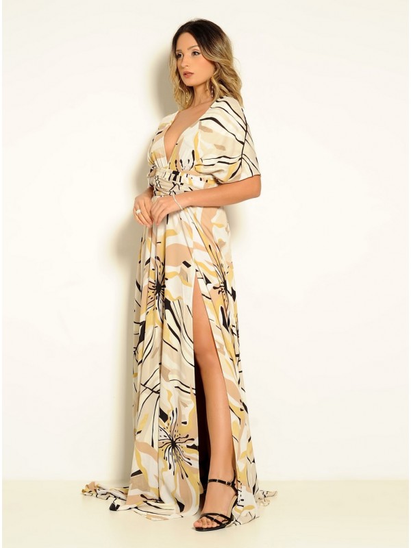 VESTIDO LONGO MULTIFORMA ESTAMPADO AMARELO  CÓDIGO 019
