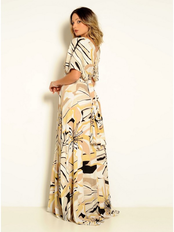 VESTIDO LONGO MULTIFORMA ESTAMPADO AMARELO  CÓDIGO 019