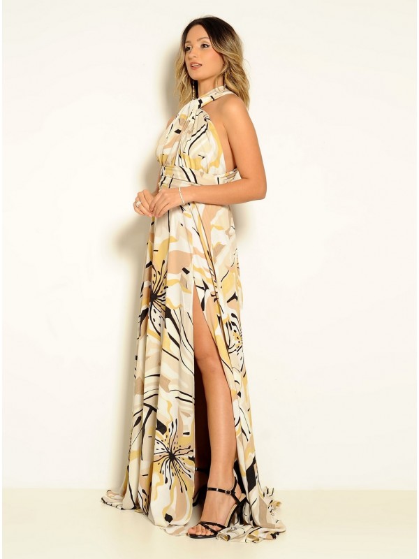 VESTIDO LONGO MULTIFORMA ESTAMPADO AMARELO  CÓDIGO 019