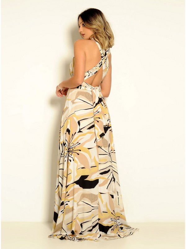 VESTIDO LONGO MULTIFORMA ESTAMPADO AMARELO  CÓDIGO 019