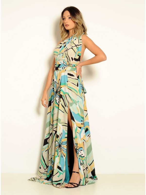 VESTIDO LONGO MULTIFORMA ESTAMPADO VERDE  CÓDIGO 019