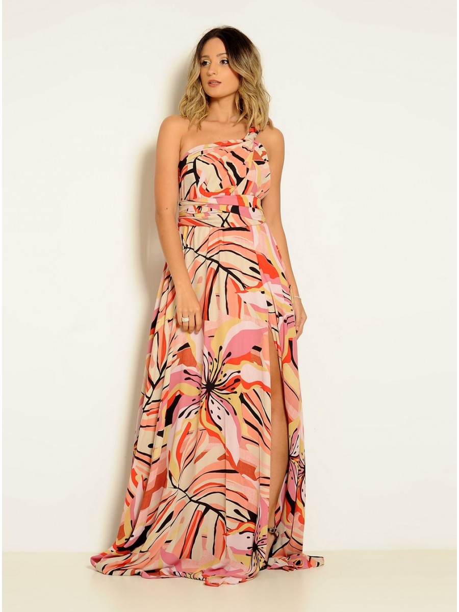 VESTIDO LONGO MULTIFORMA ESTAMPADO ROSA  CÓDIGO 019 