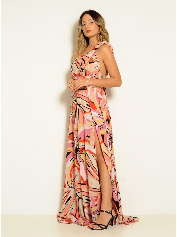 VESTIDO LONGO MULTIFORMA ESTAMPADO ROSA  CÓDIGO 019 