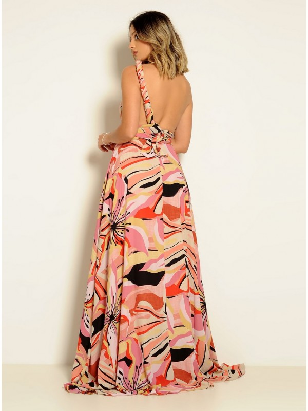 VESTIDO LONGO MULTIFORMA ESTAMPADO ROSA  CÓDIGO 019 