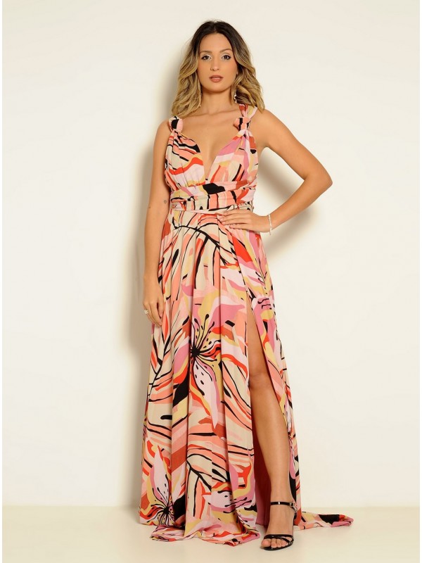 VESTIDO LONGO MULTIFORMA ESTAMPADO ROSA  CÓDIGO 019 