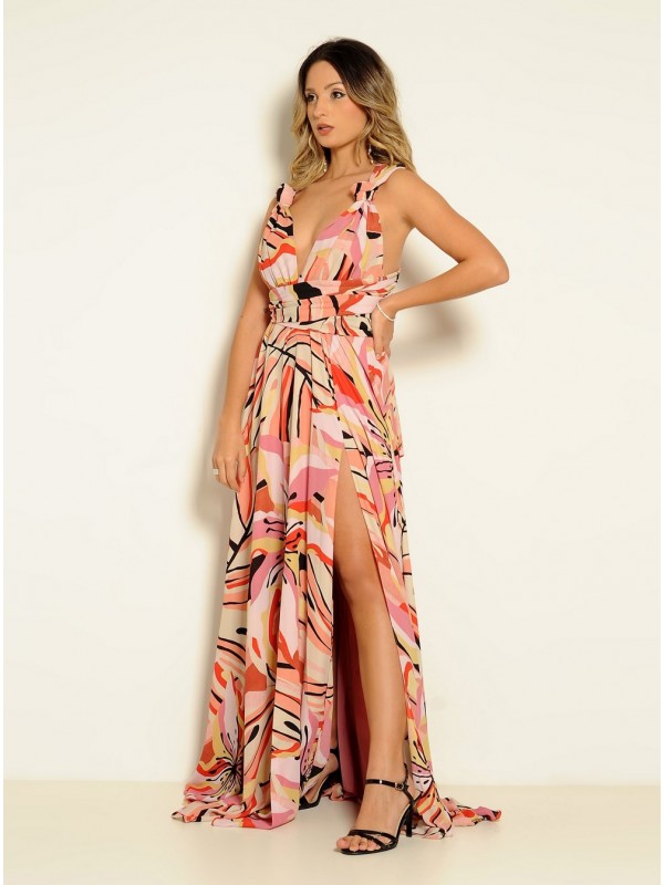 VESTIDO LONGO MULTIFORMA ESTAMPADO ROSA  CÓDIGO 019 