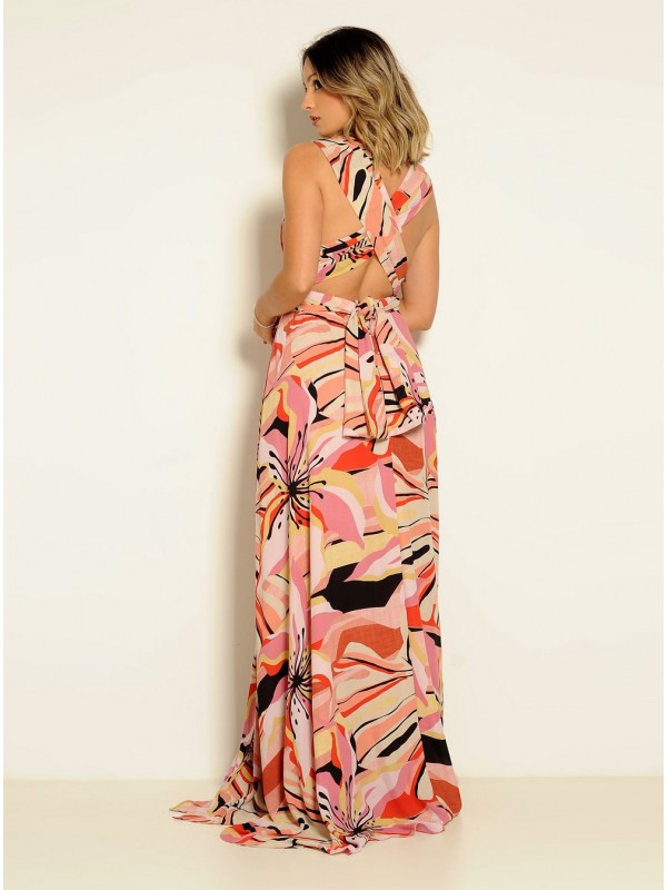 VESTIDO LONGO MULTIFORMA ESTAMPADO ROSA  CÓDIGO 019 