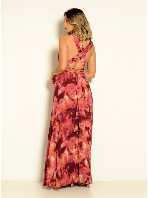 VESTIDO LONGO MULTIFORMA CORAL FLORAL CÓDIGO 020 